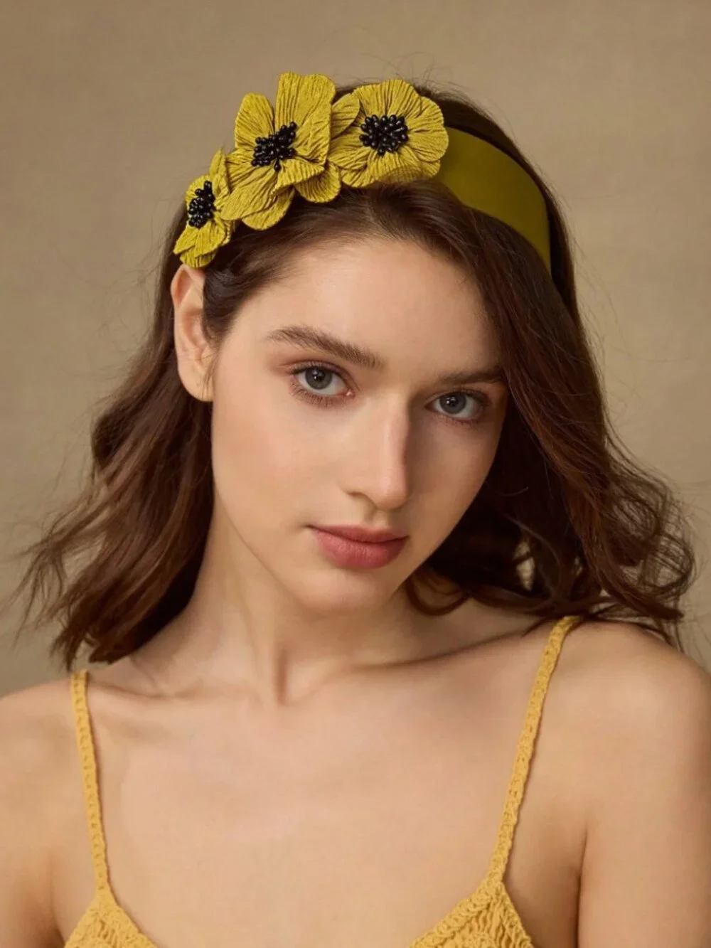 Mustard Yellow Floral Headband with Black Beaded Centers